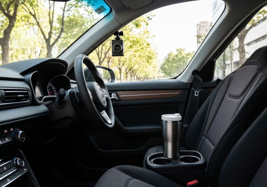 Wnętrze nowoczesnego auta z kamerą, uchwytem na telefon, zestawem Bluetooth, poduszką i kubkiem podróżnym