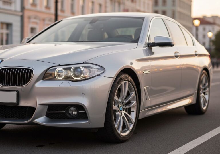 Luksusowy używany samochód premium na miejskiej ulicy w czasie złotej godziny, zbliżenie na detale karoserii