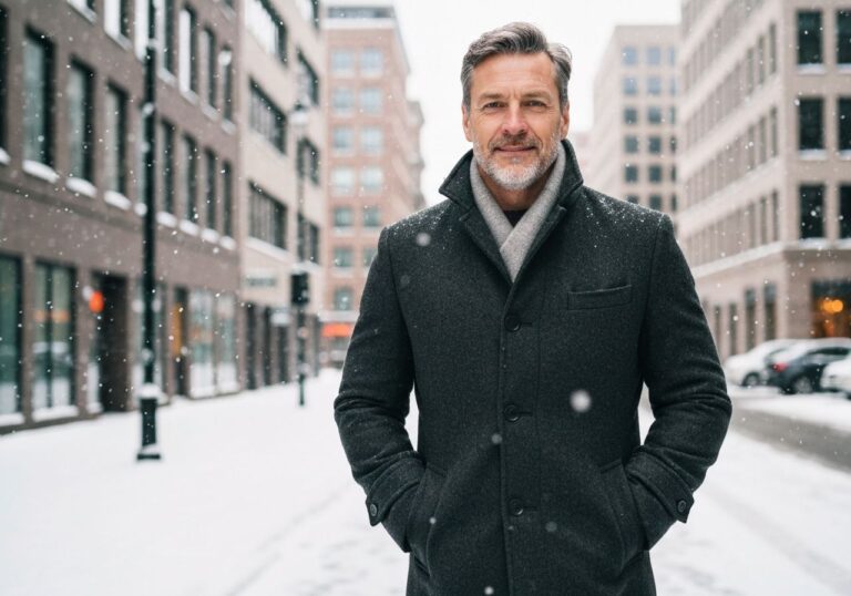 Średniowieczny mężczyzna w ciepłym płaszczu stoi na ośnieżonej ulicy miasta z nowoczesnymi budynkami w tle