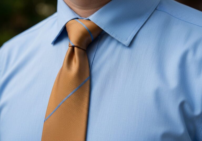 Męski tors w jasnoniebieskiej koszuli i jedwabnym krawacie, tkanina i szwy widoczne, tło rozmyte.