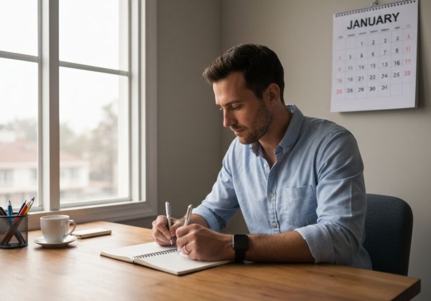 Mężczyzna pisze cele w notesie siedząc przy biurku przy dużym oknie z kalendarzem na stycznia.