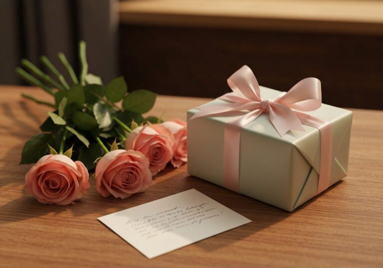 Romantyczny prezent z bukietem róż i ręcznie pisanym listem na drewnianym stole.