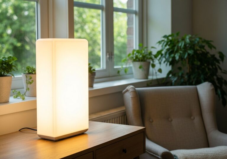 Biała lampa do terapii światłem na drewnianym biurku w jasnym pokoju z roślinami przy dużym oknie