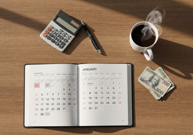 Widok z góry biurka z otwartym planerem na styczeń, kawą, kalkulatorem, długopisem i rozłożonymi banknotami