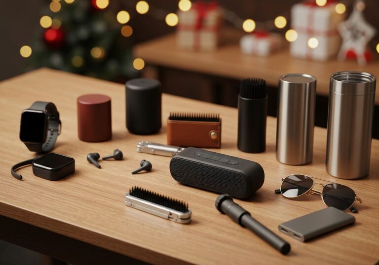 Dziesięć nowoczesnych gadżetów dla mężczyzn na stole w świątecznym klimacie, idealnych na prezent.