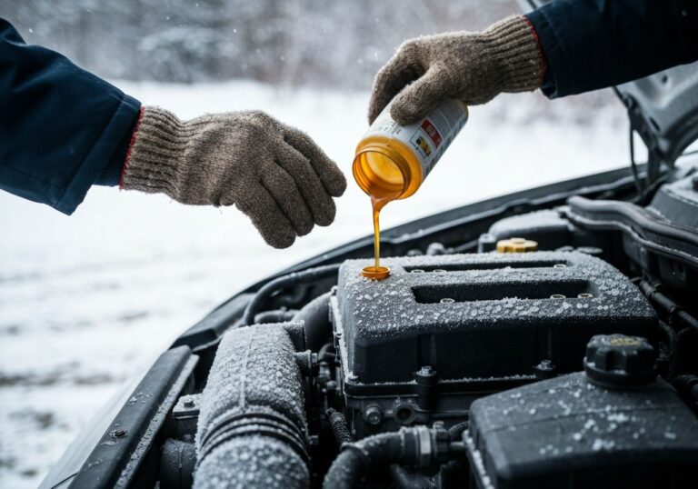 Ręce w rękawicach wlewają dodatek do oleju napędowego do silnika diesla zimą z widocznym szronem na metalowych częściach