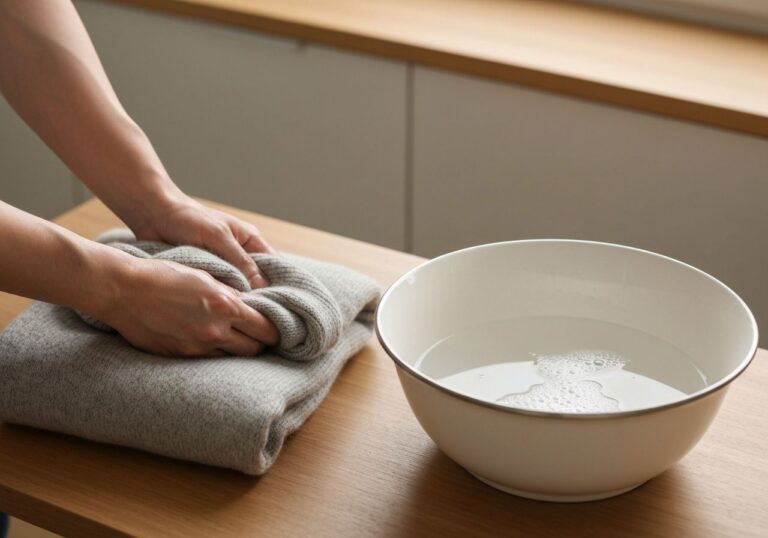 Zbliżenie na męski sweter z kaszmiru ręcznie prany w misce z delikatnym detergentem na drewnianym stole