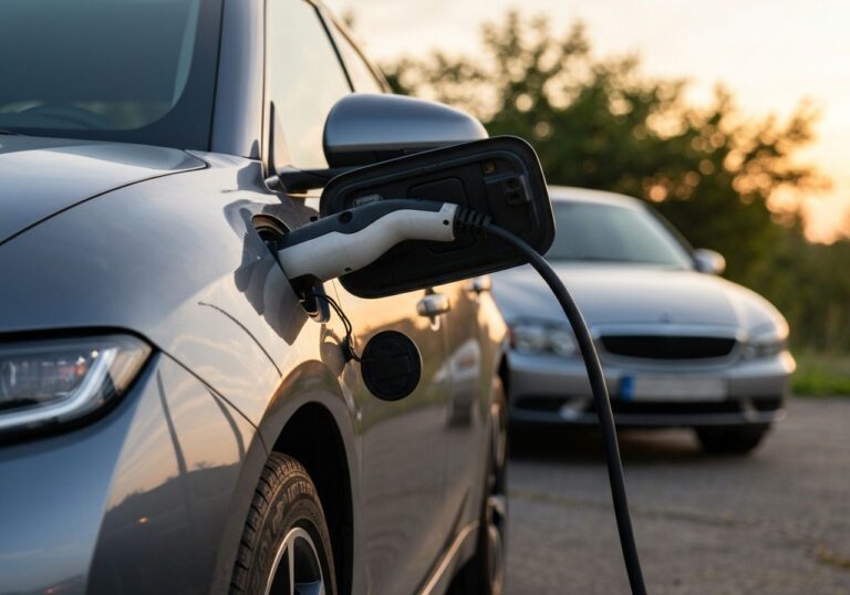 Elektryczny samochód z wpiętym kablem ładującym na tle tradycyjnego auta i zieleni podczas złotej godziny